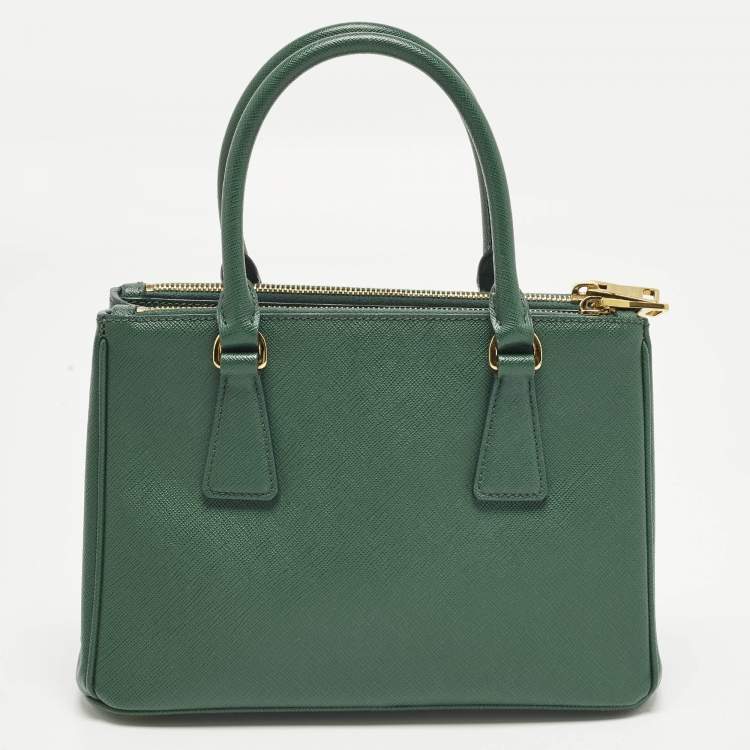 Pre Owned Prada Galleria Double Zip Small Green Saffiano Lux Leather Tote