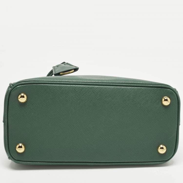 Pre Owned Prada Galleria Double Zip Small Green Saffiano Lux Leather Tote
