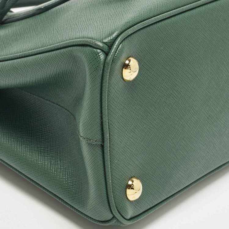 Pre Owned Prada Galleria Double Zip Small Green Saffiano Lux Leather Tote