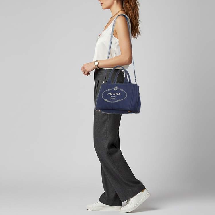 Pre Owned Prada Canapa Logo Blue Canvas Tote
