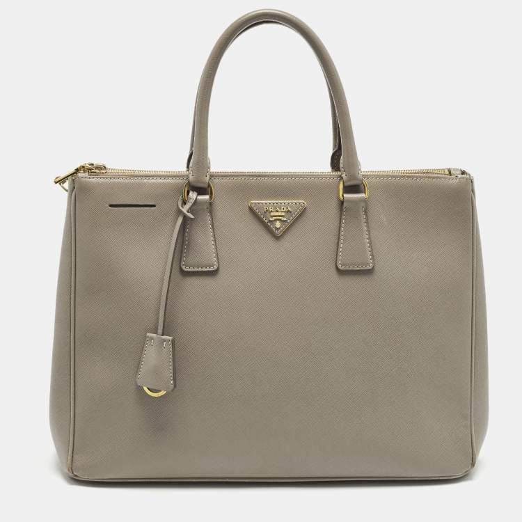 Pre Owned Prada Double Zip Large Grey Saffiano Lux Leather Tote
