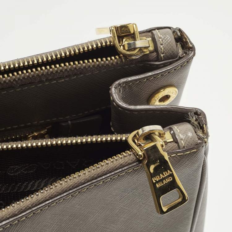 Pre Owned Prada Double Zip Large Grey Saffiano Lux Leather Tote