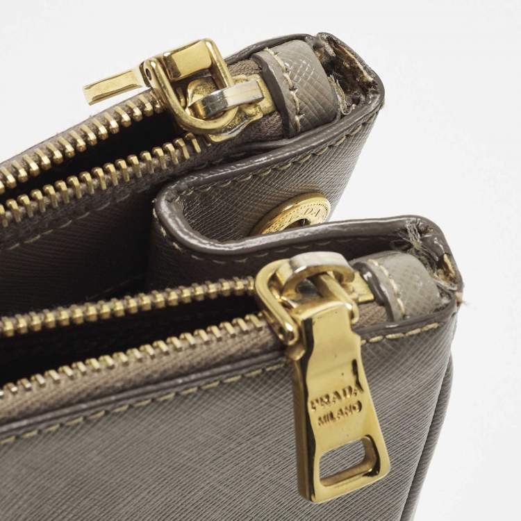 Pre Owned Prada Double Zip Large Grey Saffiano Lux Leather Tote