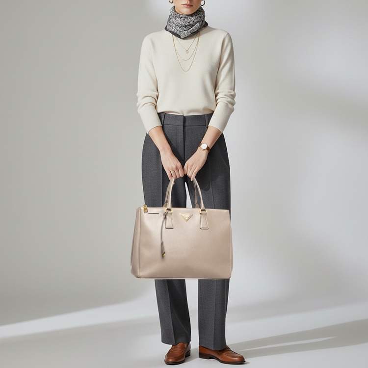 Pre Owned Prada Double Zip Large Grey Saffiano Lux Leather Tote