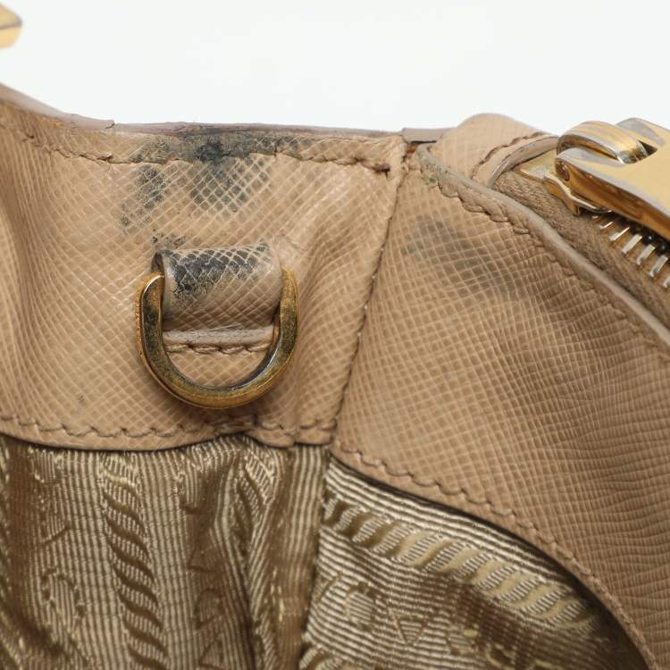 Pre Owned Prada Galleria Double Zip Small Beige Saffiano Lux Leather Tote