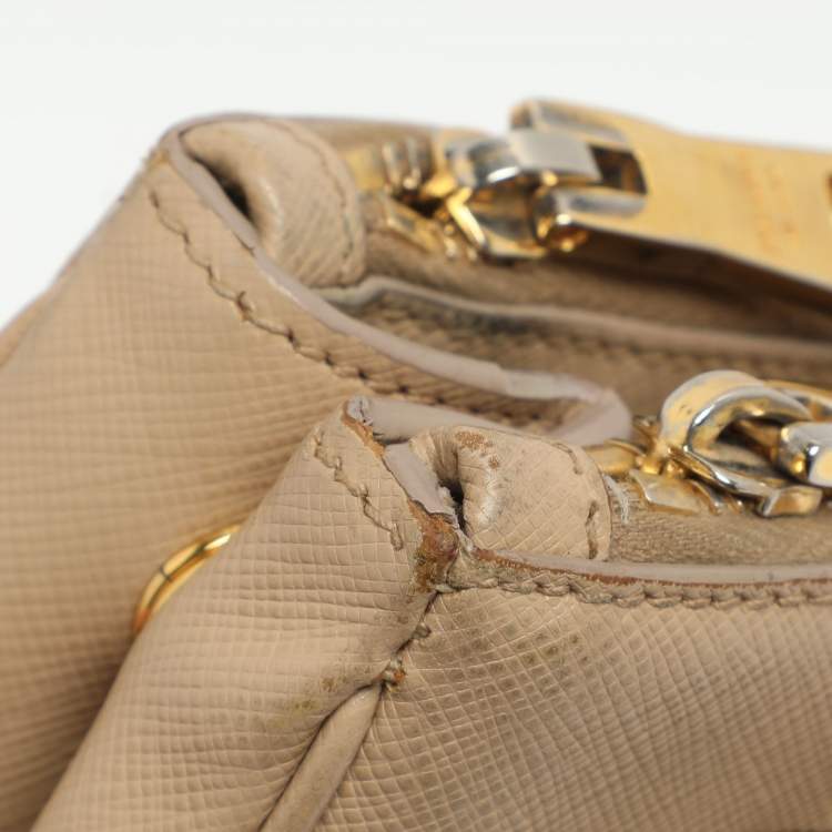 Pre Owned Prada Galleria Double Zip Small Beige Saffiano Lux Leather Tote