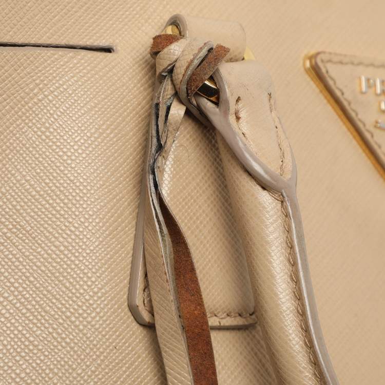 Pre Owned Prada Galleria Double Zip Small Beige Saffiano Lux Leather Tote