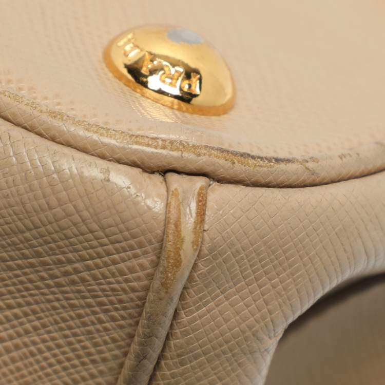 Pre Owned Prada Galleria Double Zip Small Beige Saffiano Lux Leather Tote