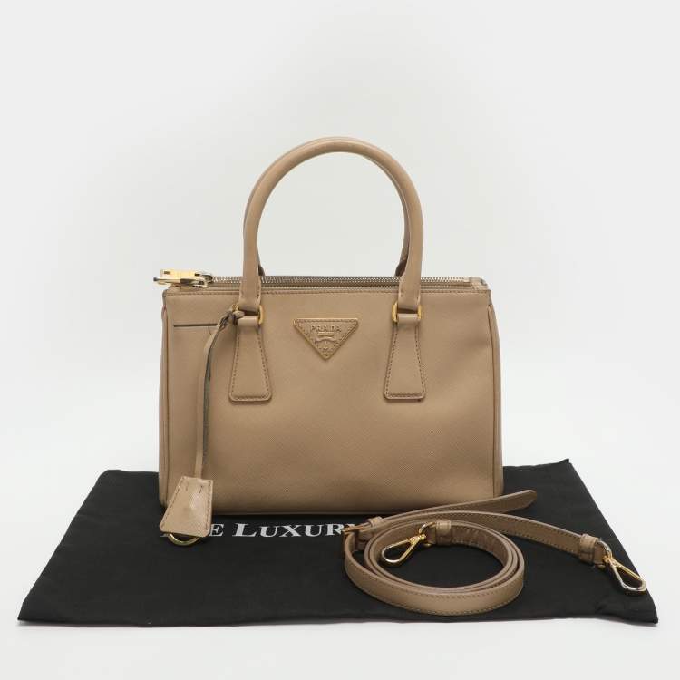 Pre Owned Prada Galleria Double Zip Small Beige Saffiano Lux Leather Tote
