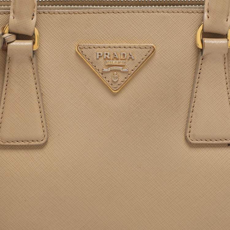 Pre Owned Prada Galleria Double Zip Small Beige Saffiano Lux Leather Tote