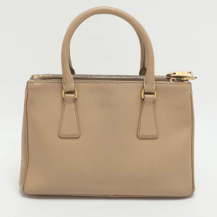 Pre Owned Prada Galleria Double Zip Small Beige Saffiano Lux Leather Tote
