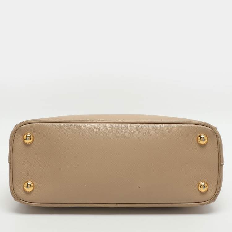 Pre Owned Prada Galleria Double Zip Small Beige Saffiano Lux Leather Tote