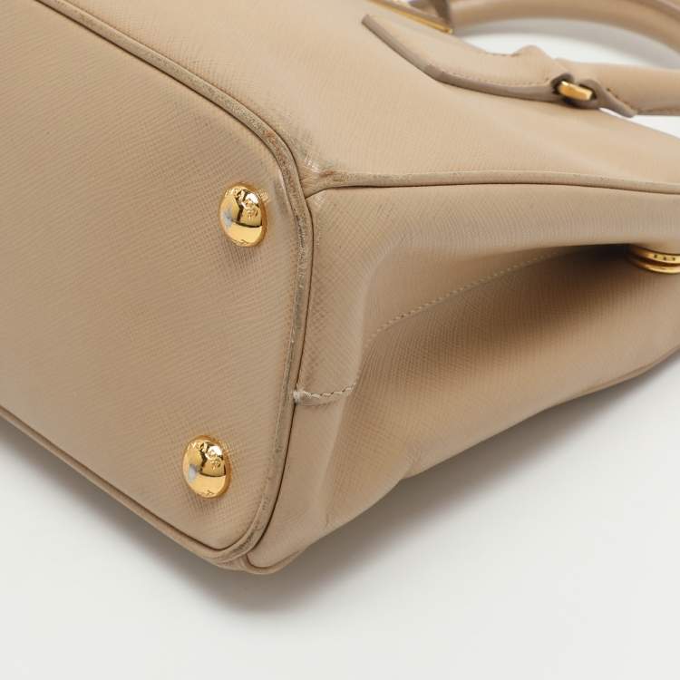 Pre Owned Prada Galleria Double Zip Small Beige Saffiano Lux Leather Tote