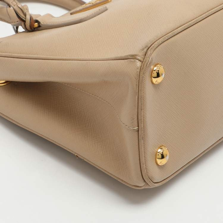 Pre Owned Prada Galleria Double Zip Small Beige Saffiano Lux Leather Tote