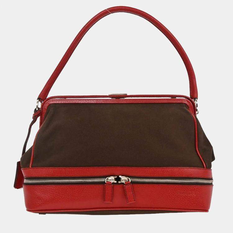Pre Owned Prada Brown/Red Canvas Leather Handbag