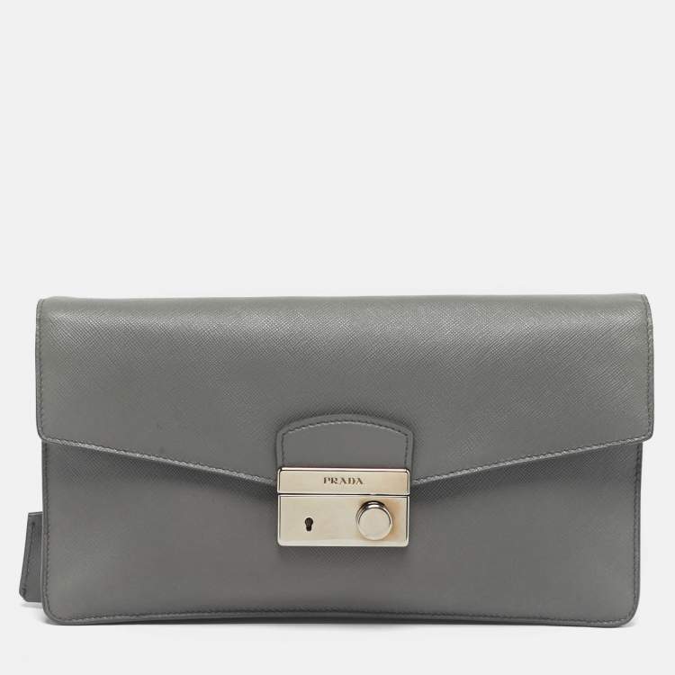 Pre Owned Prada Sound Grey Saffiano Soft Leather Clutch