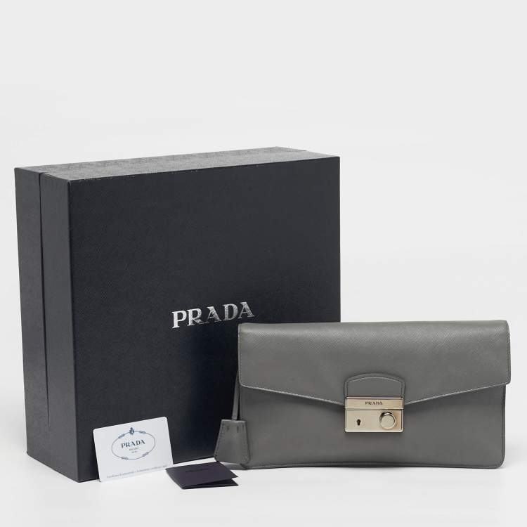 Pre Owned Prada Sound Grey Saffiano Soft Leather Clutch