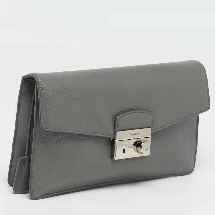 Pre Owned Prada Sound Grey Saffiano Soft Leather Clutch