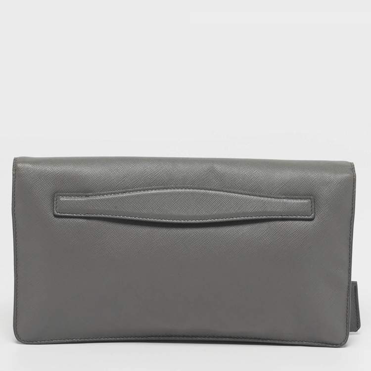 Pre Owned Prada Sound Grey Saffiano Soft Leather Clutch