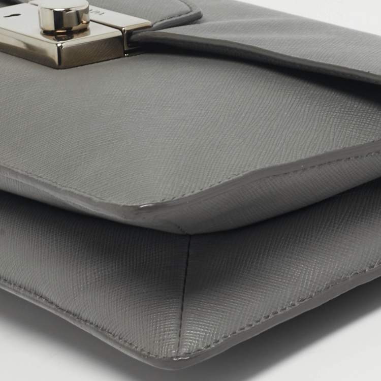 Pre Owned Prada Sound Grey Saffiano Soft Leather Clutch