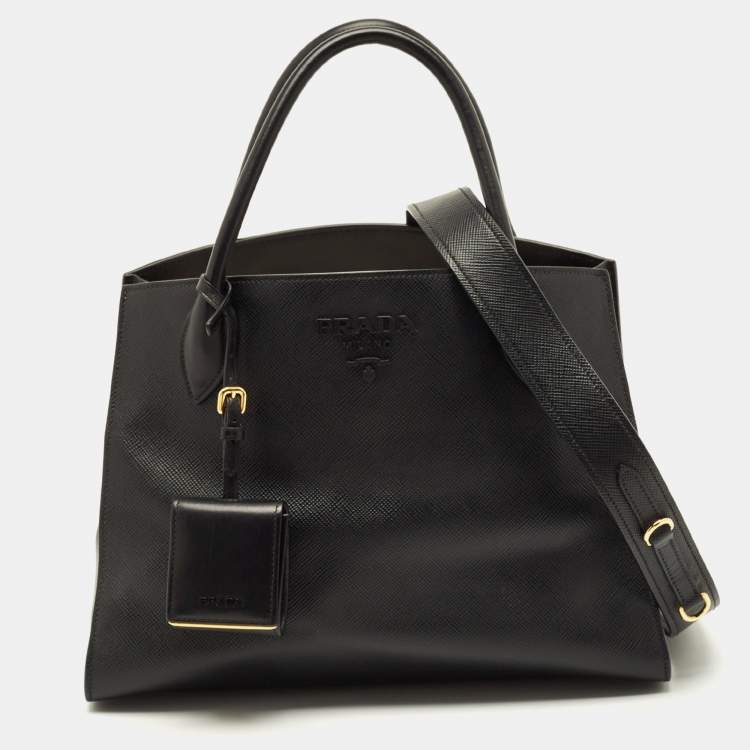 Pre Owned Prada Monochrome Medium Black Saffiano Cuir Leather Tote