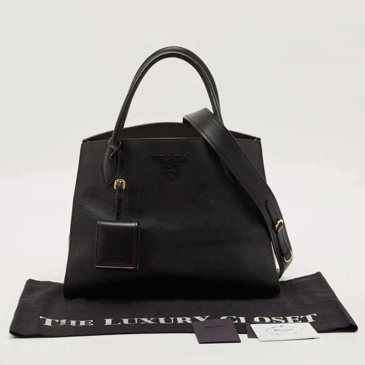 Pre Owned Prada Monochrome Medium Black Saffiano Cuir Leather Tote