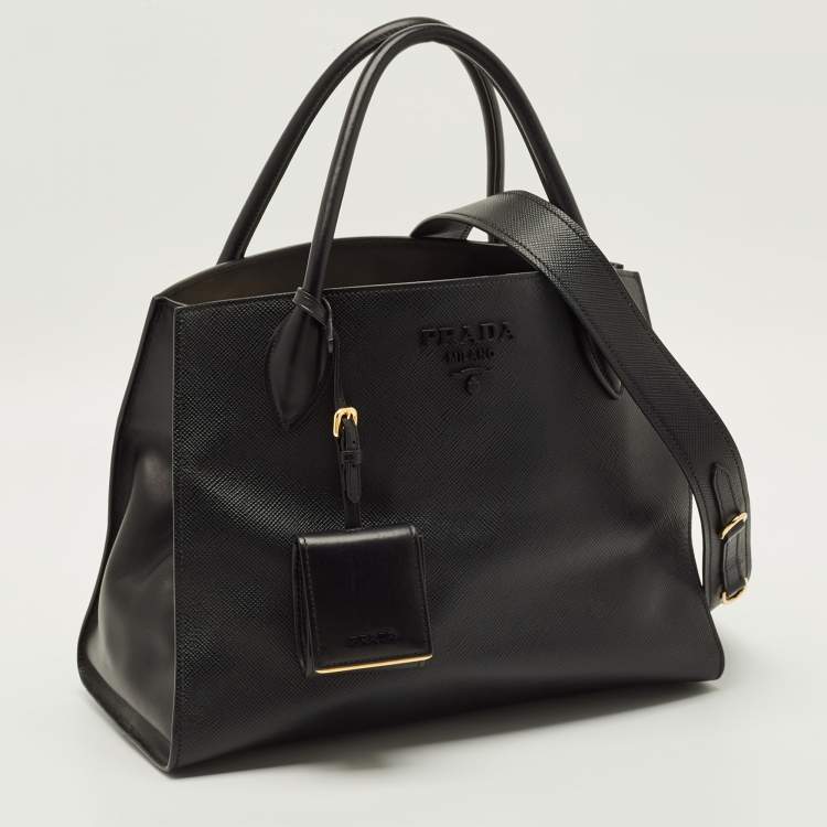 Pre Owned Prada Monochrome Medium Black Saffiano Cuir Leather Tote