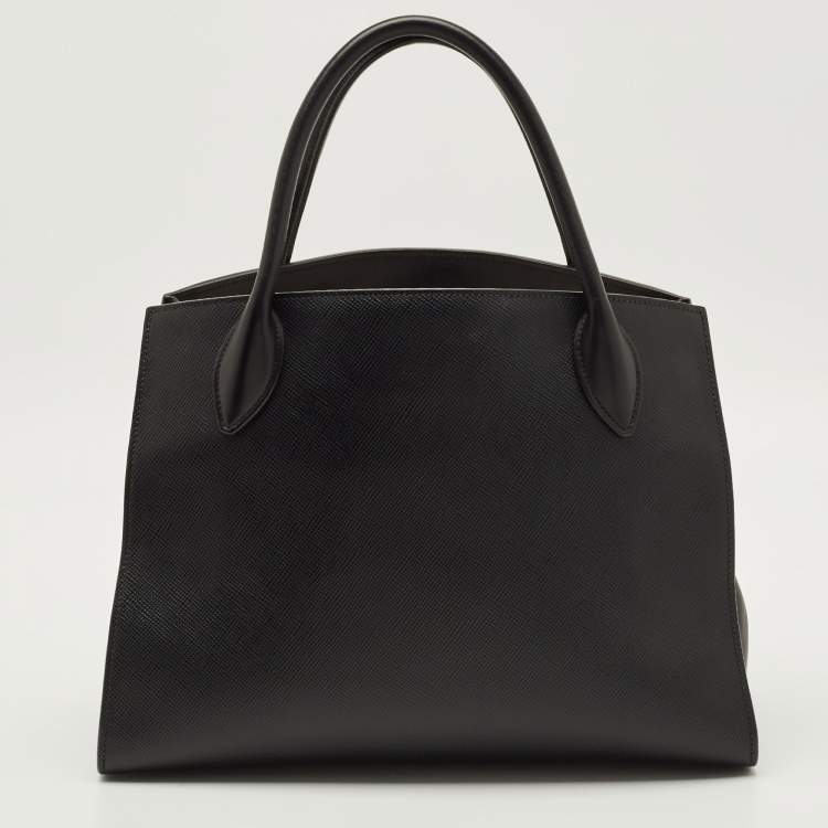 Pre Owned Prada Monochrome Medium Black Saffiano Cuir Leather Tote