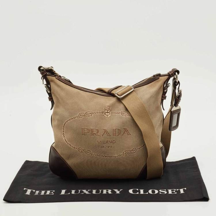 Pre Owned Prada Brown/Beige Logo Jacquard Canvas Messenger Bag