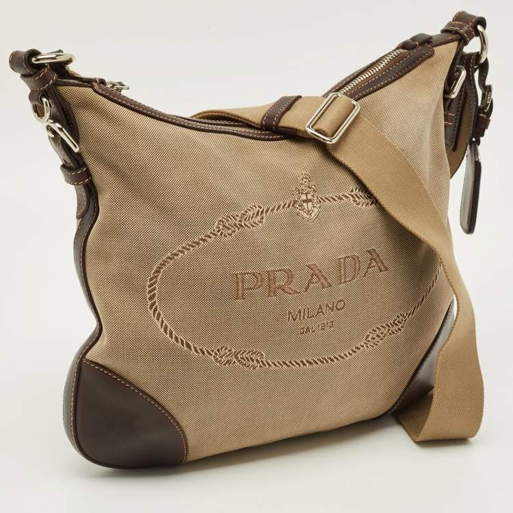 Pre Owned Prada Brown/Beige Logo Jacquard Canvas Messenger Bag
