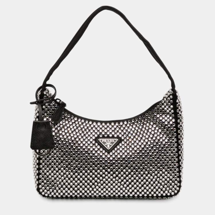 Pre Owned Prada Black Mini Satin Crystal Re Edition 2000 Shoulder Bag