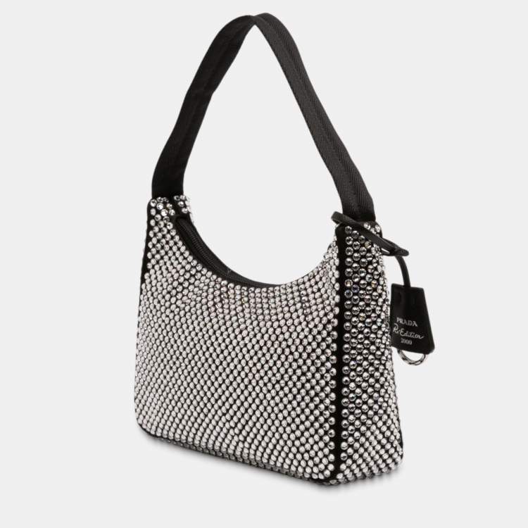 Pre Owned Prada Black Mini Satin Crystal Re Edition 2000 Shoulder Bag