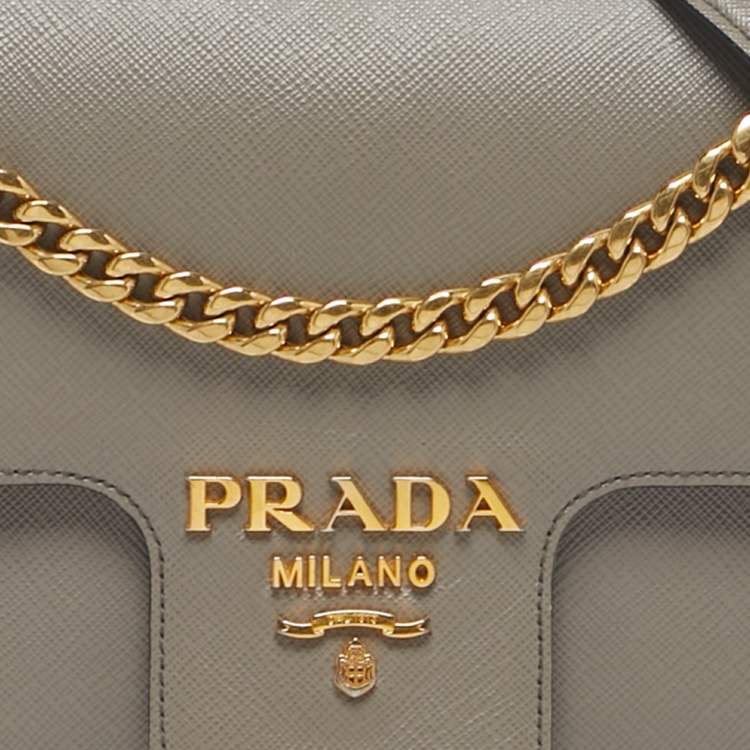 Pre Owned Prada Pattina Grey Saffiano Leather Flap Chain Crossbody Bag