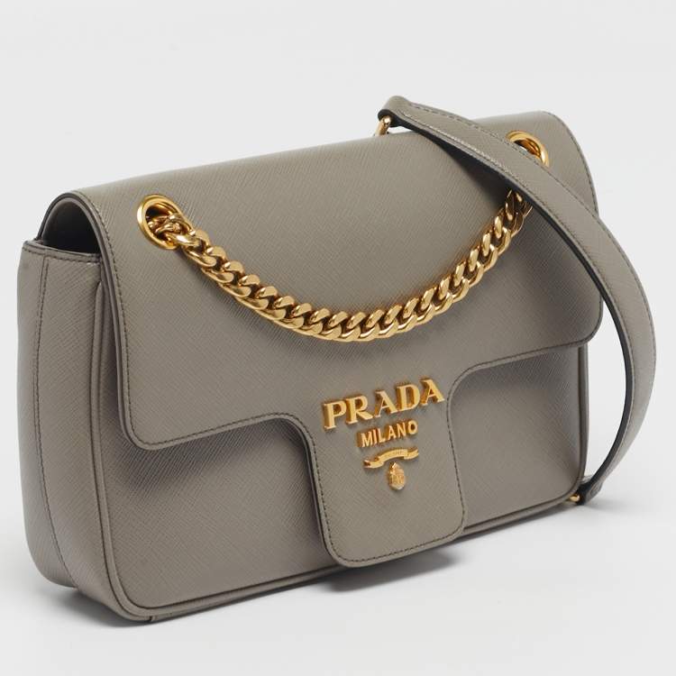 Pre Owned Prada Pattina Grey Saffiano Leather Flap Chain Crossbody Bag