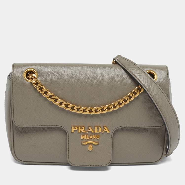Pre Owned Prada Pattina Grey Saffiano Leather Flap Chain Crossbody Bag