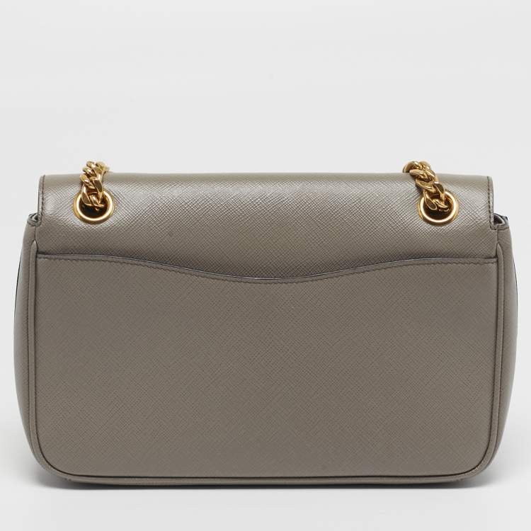 Pre Owned Prada Pattina Grey Saffiano Leather Flap Chain Crossbody Bag