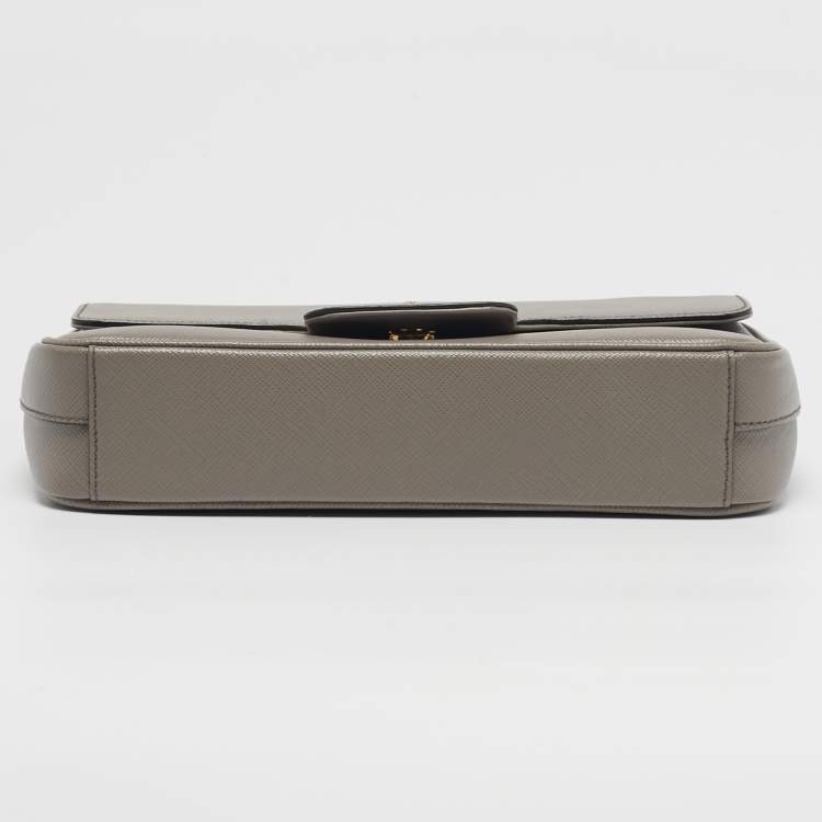 Pre Owned Prada Pattina Grey Saffiano Leather Flap Chain Crossbody Bag