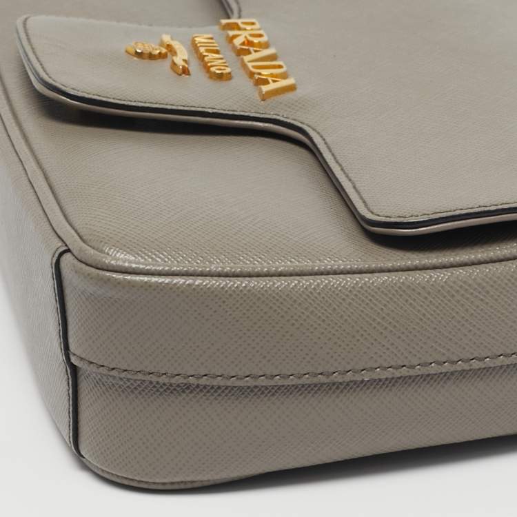 Pre Owned Prada Pattina Grey Saffiano Leather Flap Chain Crossbody Bag