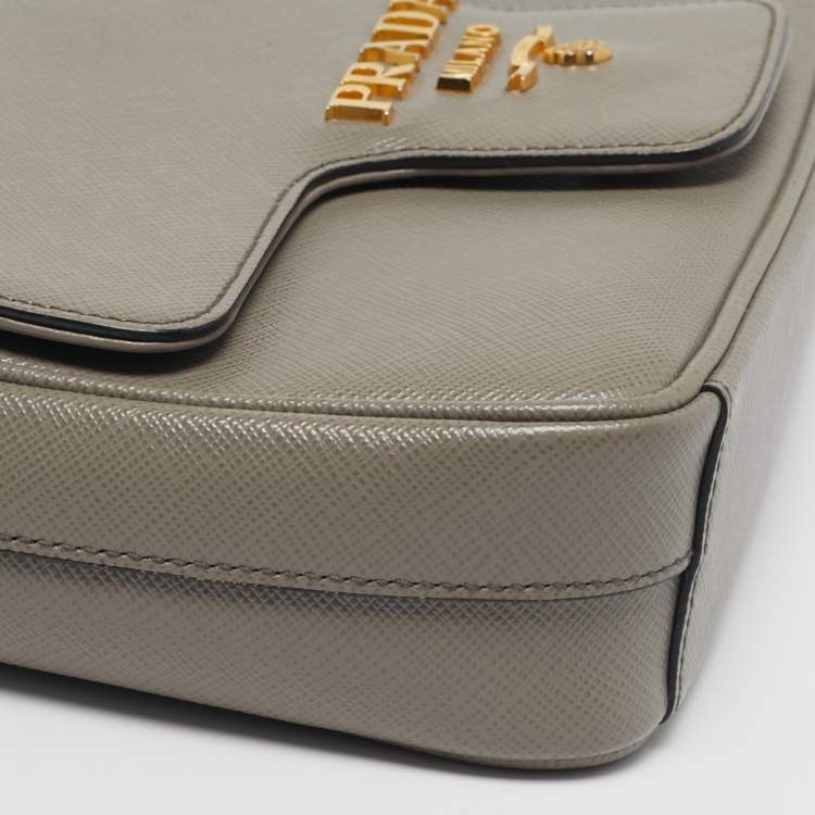 Pre Owned Prada Pattina Grey Saffiano Leather Flap Chain Crossbody Bag