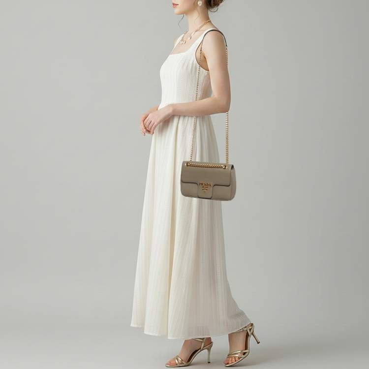 Pre Owned Prada Pattina Grey Saffiano Leather Flap Chain Crossbody Bag