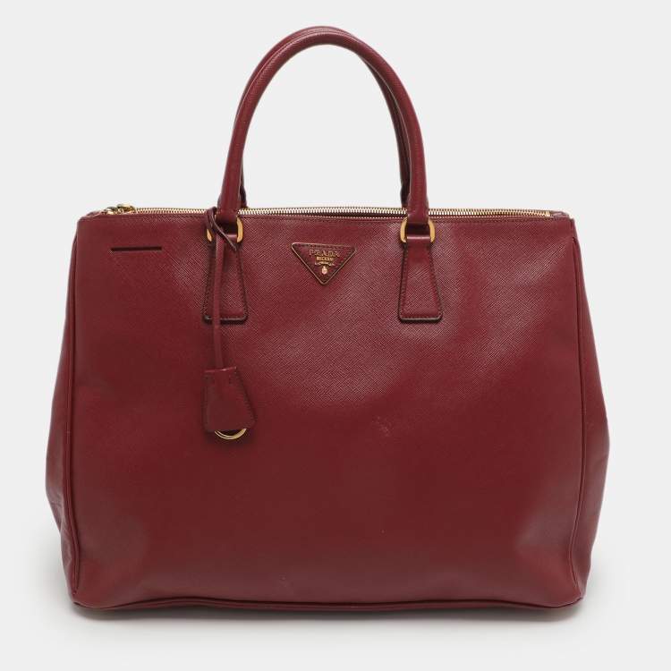 Pre Owned Prada Galleria Executive Burgundy Saffiano Leather Double Zip Tote