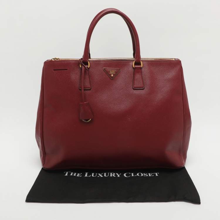 Pre Owned Prada Galleria Executive Burgundy Saffiano Leather Double Zip Tote