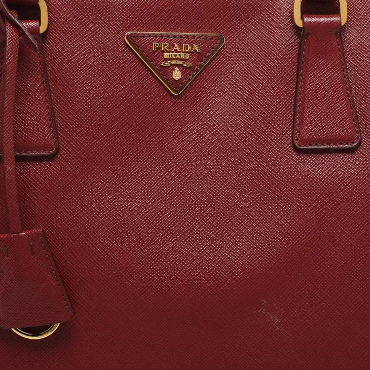 Pre Owned Prada Galleria Executive Burgundy Saffiano Leather Double Zip Tote