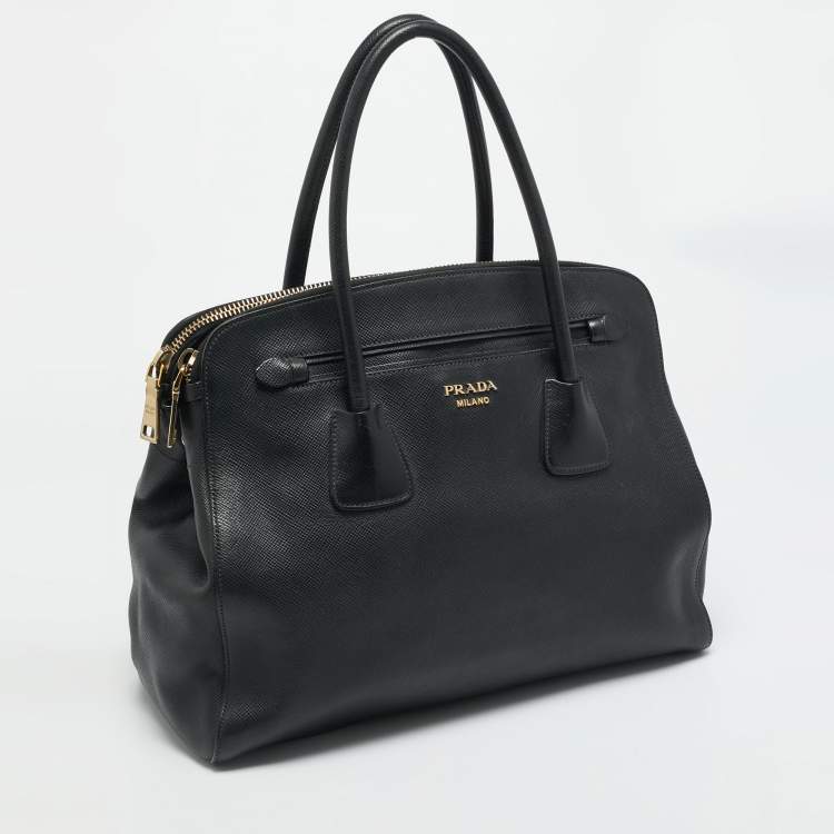 Pre Owned Prada Double Zip Black Saffiano Cuir Leather Dome Bag