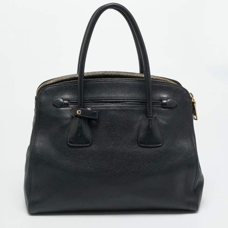 Pre Owned Prada Double Zip Black Saffiano Cuir Leather Dome Bag