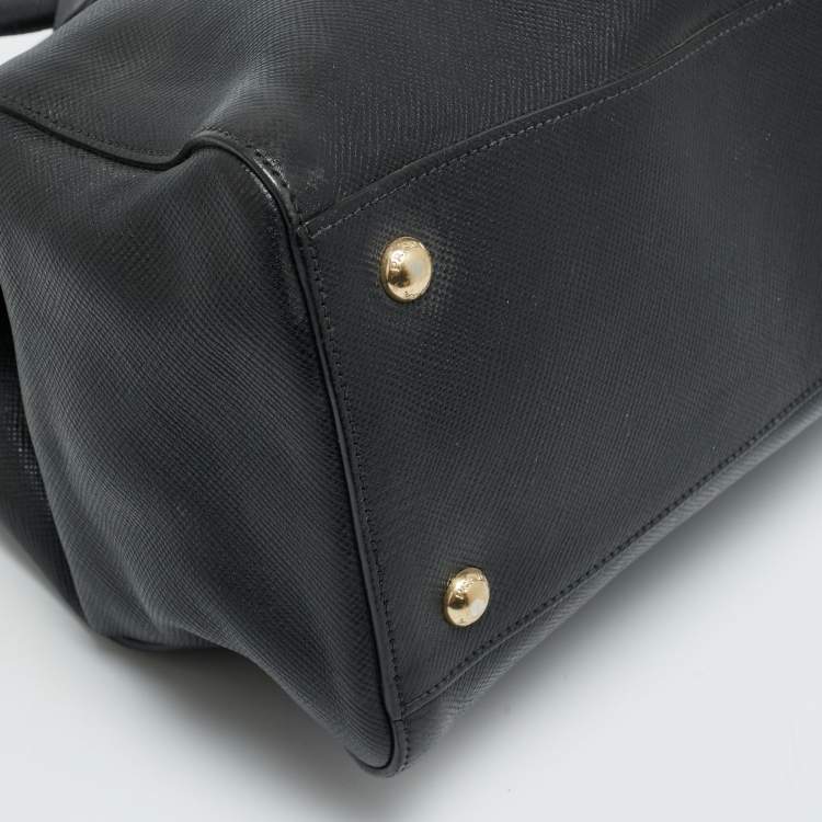 Pre Owned Prada Double Zip Black Saffiano Cuir Leather Dome Bag