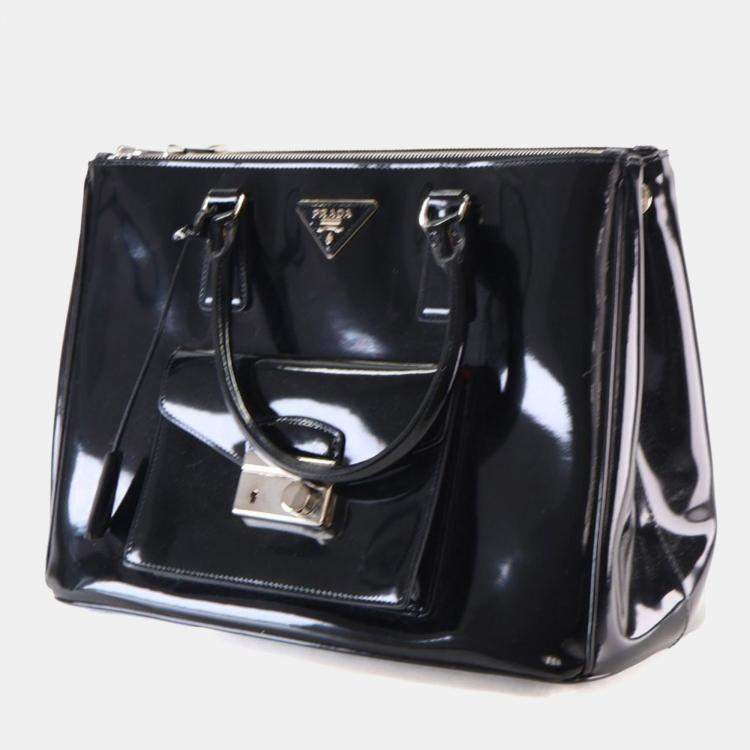 Pre Owned Prada Large Black Patent Galleria Double Zip Handbag