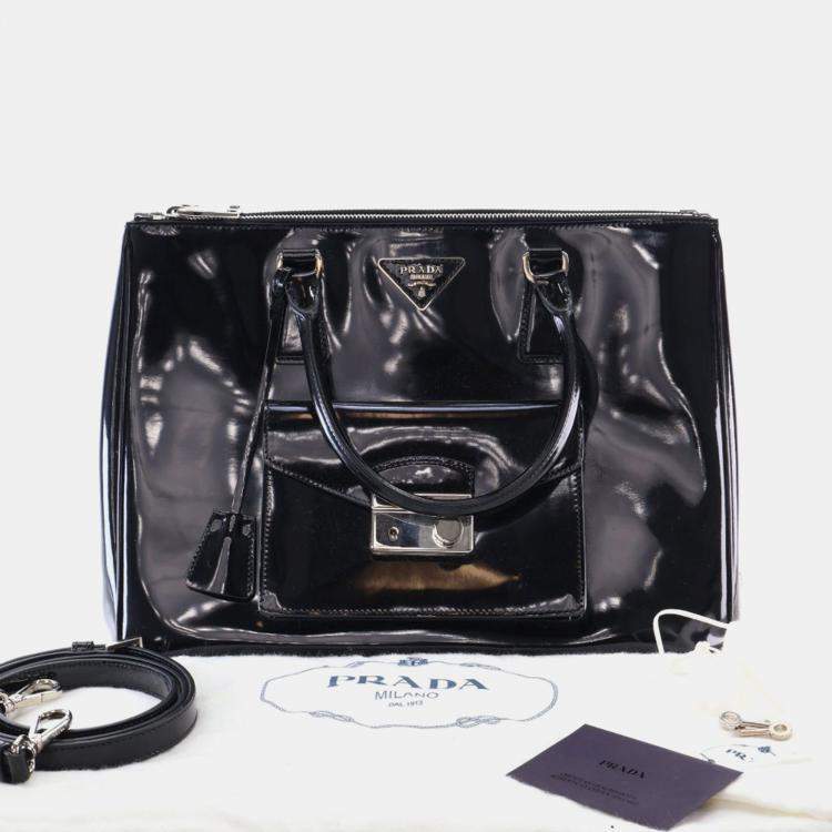 Pre Owned Prada Large Black Patent Galleria Double Zip Handbag