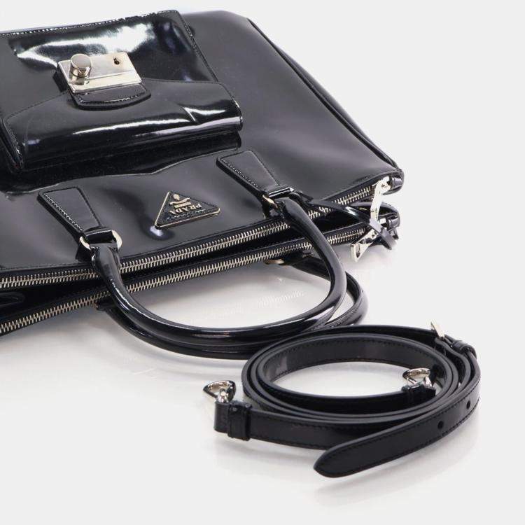 Pre Owned Prada Large Black Patent Galleria Double Zip Handbag