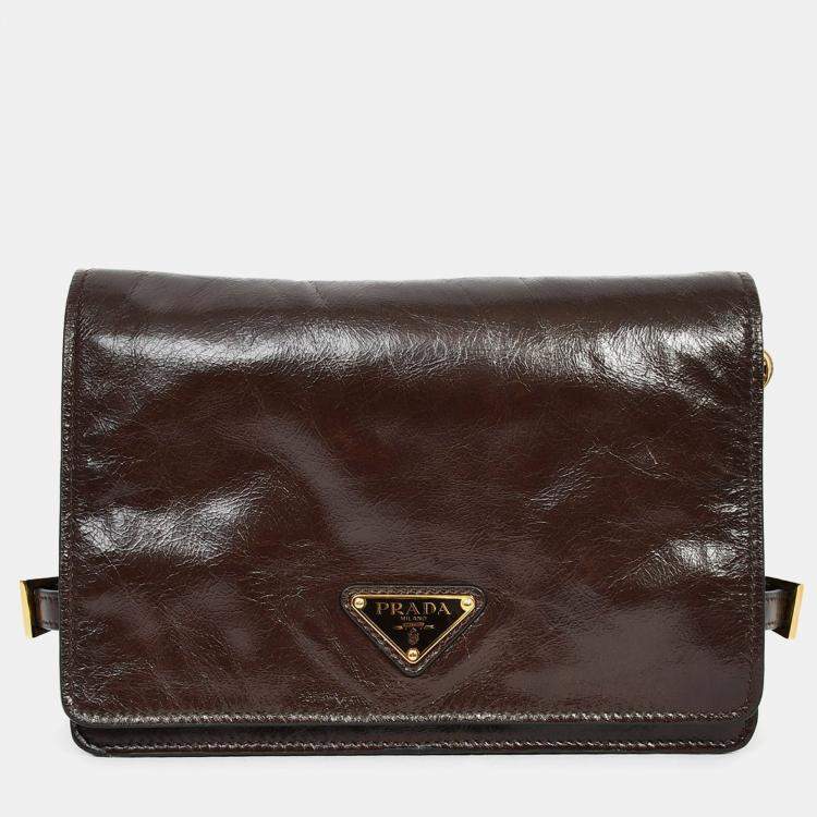 Pre Owned Prada Brown Leather Buckle Detail Shoulder Bag